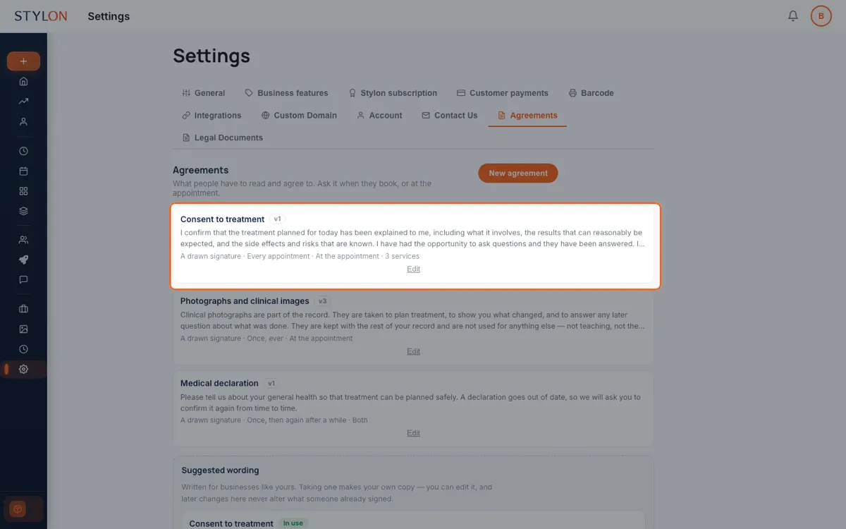 Setting which treatments an agreement covers