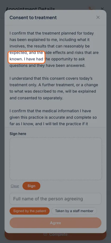 Signing a consent form on a phone