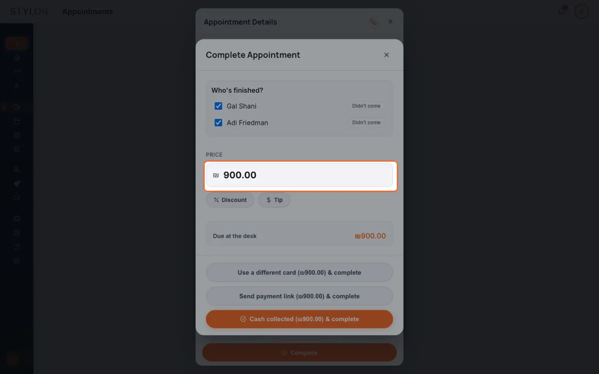 Settling an appointment in cash at the desk